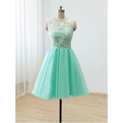 Short Mint Lace Tulle Prom Dress Round-Neck Lace A-Line Short Party ...