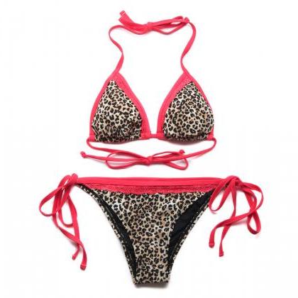 2015 Sexy Leopard + Red Swimsuit Lace Triangle Top..