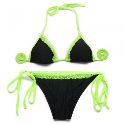 2015 Bikini Black + Green Lace Triangle Top With..