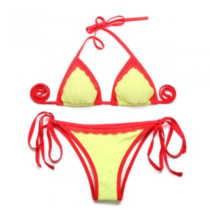 2015 Bikini Greenish Yellow + Double Red Lace Trim..