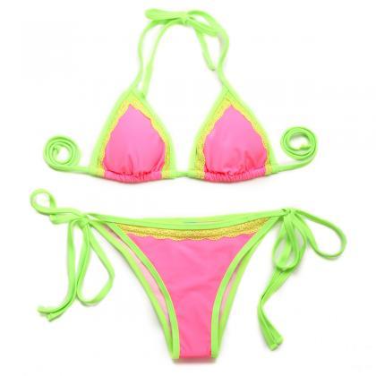 Sexy Swimsuit Pink + Double Green Lace Trim..