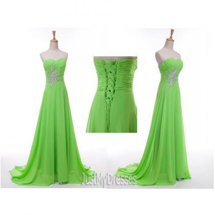 Green Long Dress A Line Sweetheart Sleeveless..