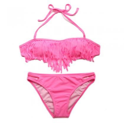 Tassel Bikini Pink Bandeau Top With Fringe Detail..