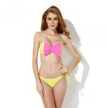 Greenish Yellow Bandeau Top Bikini Swimwear With A..
