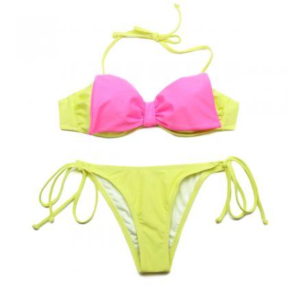 Greenish Yellow Bandeau Top Bikini Swimwear With A..