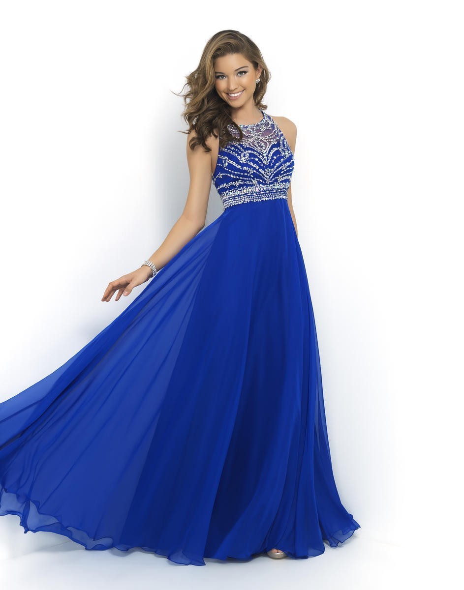 Royal Blue Chiffon A Line Prom Dress 2015 Halter Bandage Backless Sparkly Beading Long Prom 3754