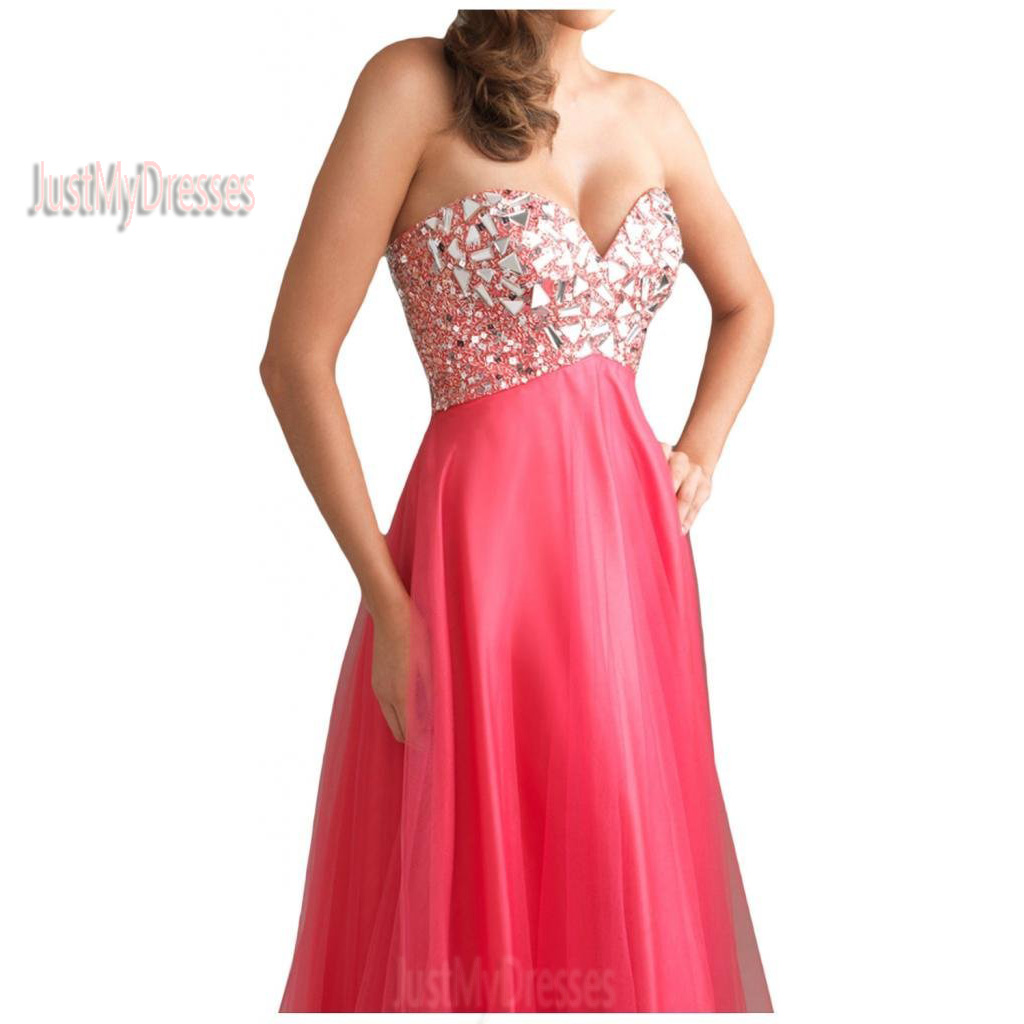 A-line Strapless Sweetheart Floor-length Prom Dress Empire Waist Jewel Decorated Bust Organza Skirt Evening Dress