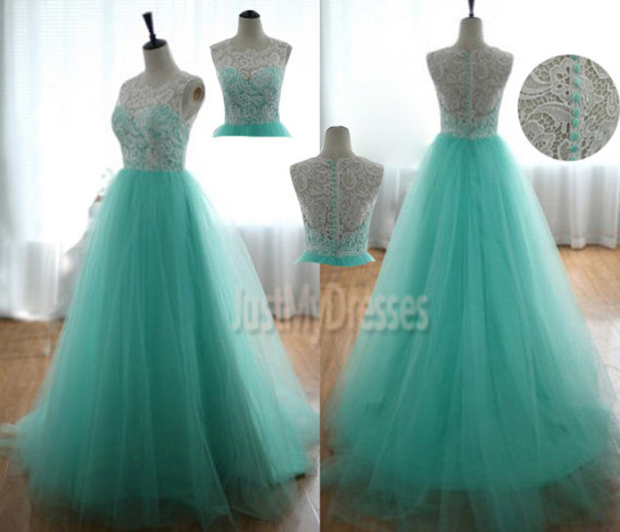 Turquoise Sweetheart Prom Dress Lace Prom Dress Long 2015,tulle Prom Dresses, Blue Tulle Graduation Dress