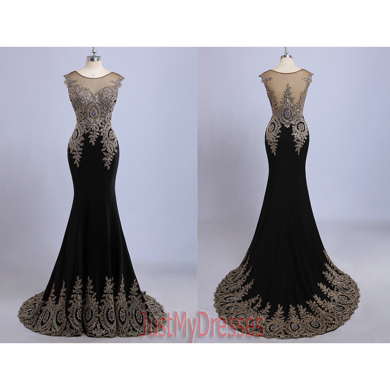 Black Long Mermaid Dress Scoop Sleeveless Breading Satin Evening Gowns Party Prom Dresses 2015
