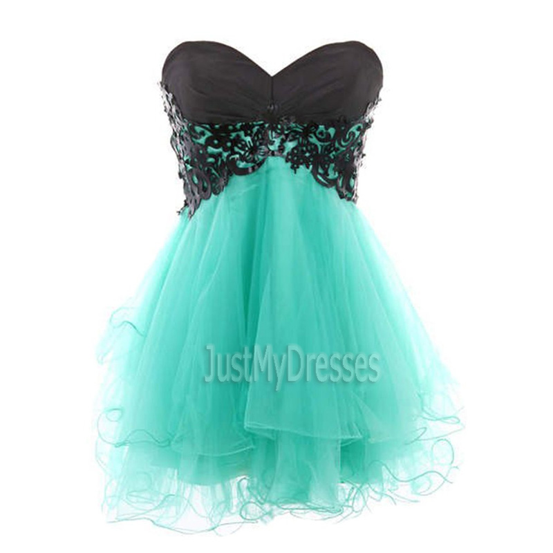 Blue Black A-line Tulle Empire Sweetheart Short Homecoming Dresses Ruched Appliqued Mini Prom Party Graduation Dress