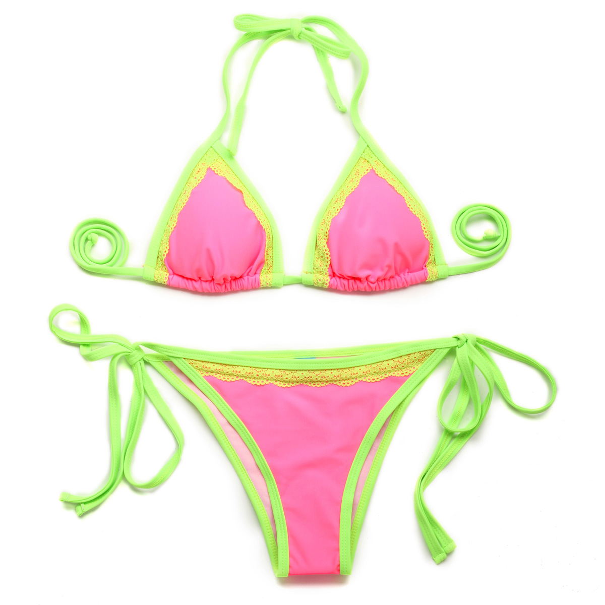Sexy Swimsuit Pink + Double Green Lace Trim Triangle Top With Classic Cut Bottom Bikini Swimwear Set