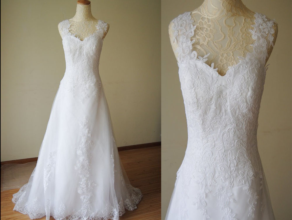 2015 White Dress A-line Appliqued Soft Tulle Straps Sweep Train Lace Wedding Dresses With Crystal