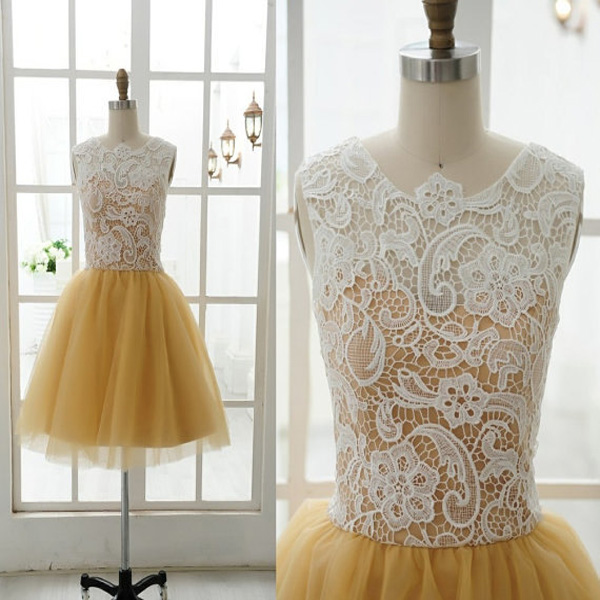 Short Lace Tulle Bridesmaid Dress Ivory Gold Tulle Prom Dress Mini Yellow Lace Evening Graduation Homecoming Dresses 2015