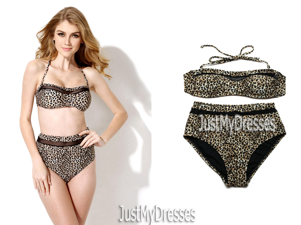 Sexy Padding Leopard Bikini Swimwear With Bandeau Top And High-waist Bottom 2015 Swimsuit Size S M L