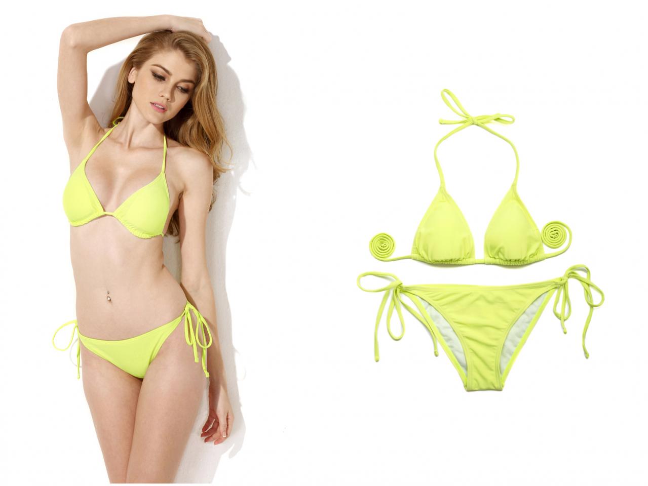 Fashoin Sexy Women Bikini Set Greenish Yellow Triangle Top With Classic Cut Bottom Bikini Swimwear Suit Beachwear Lady Bathing Suit 2015