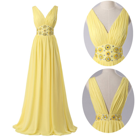 Deep V-neck Chiffon Dress Sexy Long Yellow Chiffon Prom Dresses Ball Evening Dress Gown 2015