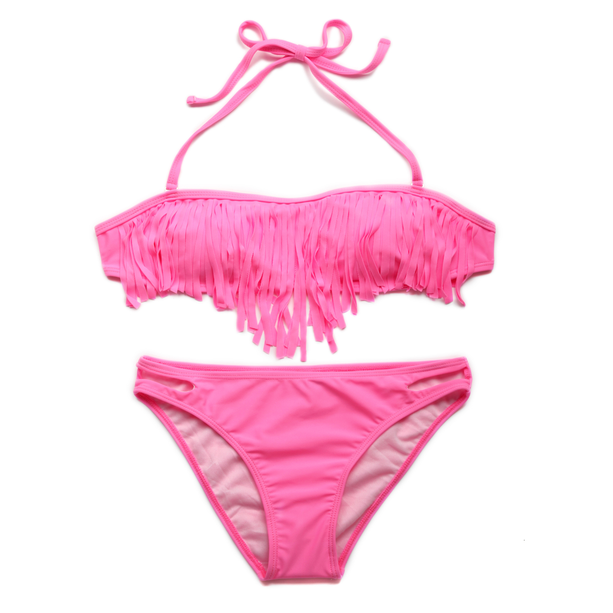 Tassel Bikini Pink Bandeau Top With Fringe Detail At Bust Bikini Swimwear Bathing Swimsuit Set 2015