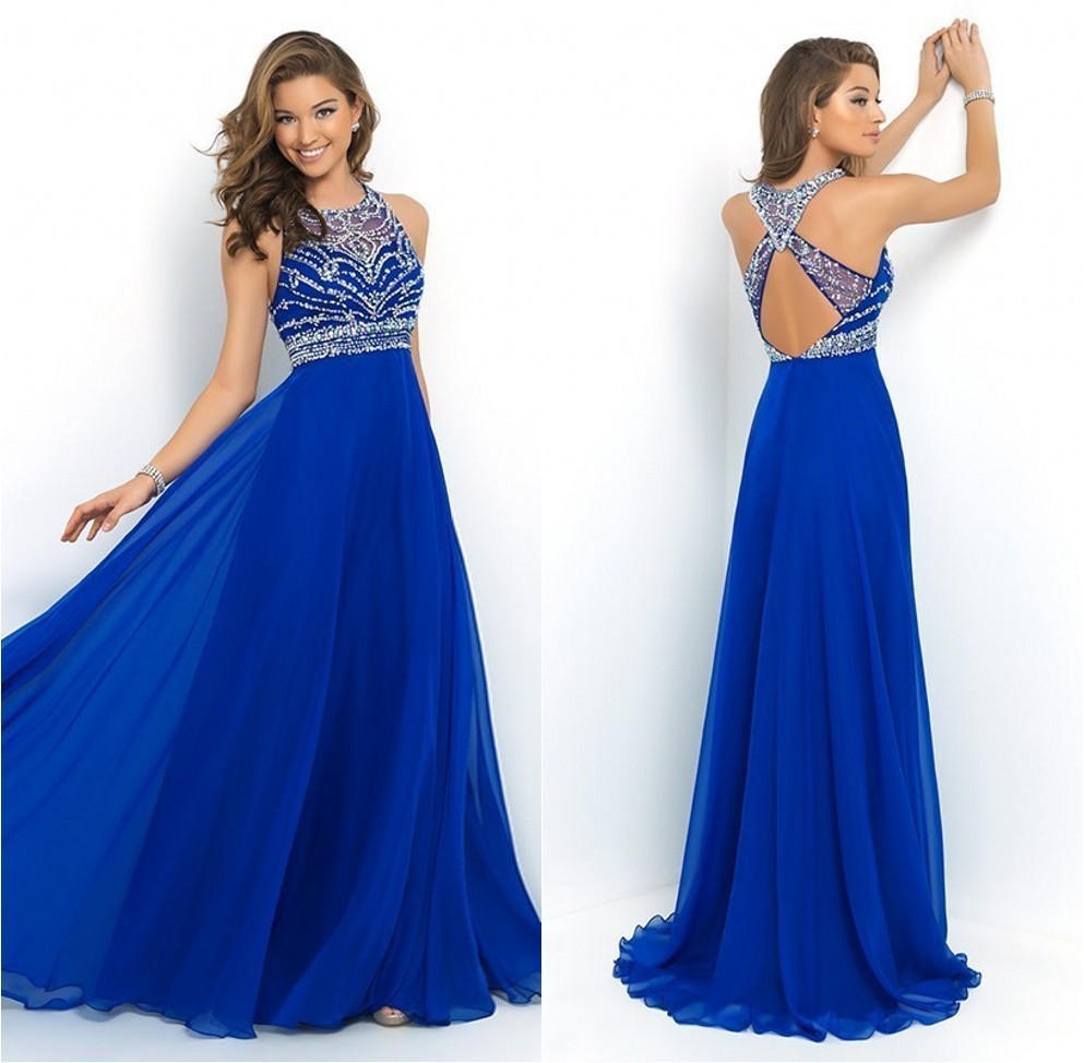 Royal Blue Chiffon Aline Prom Dress 2015 Halter Bandage Backless